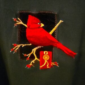 Top Stitch by Morning Sun Black Tee w/ Embroidered Cardinal Design Women Size L